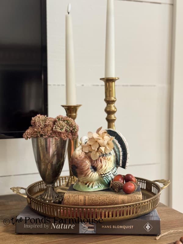 Brass tray with two candlestick holders, turkey planters and DIY mercury glass vase