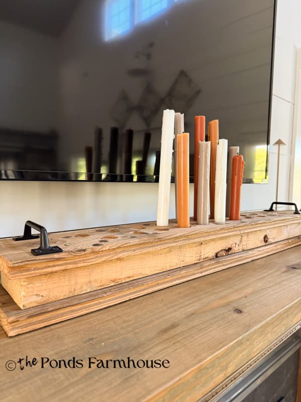 DIY reclaimed wooden candleholder with fall tapered candlestick.