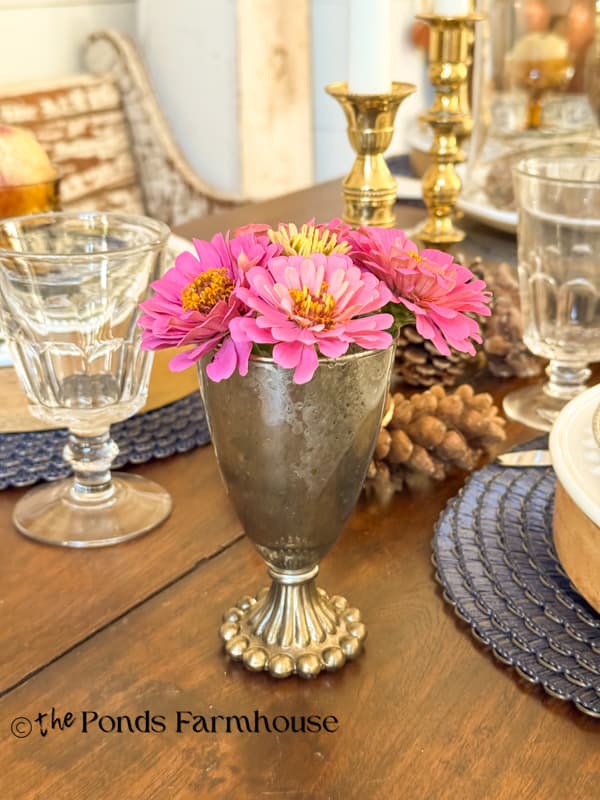 Faux Mercury Glass vase with zinneas