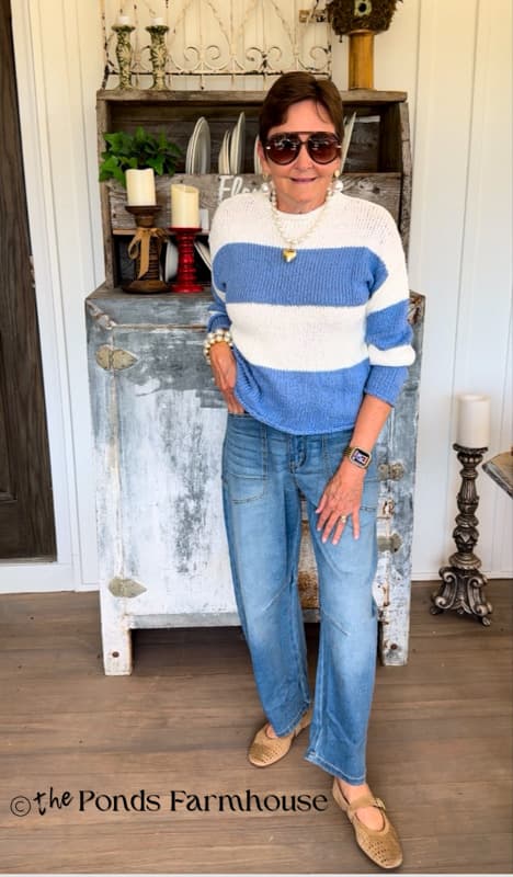 Rachel with blue and white sweater & barrel jeans