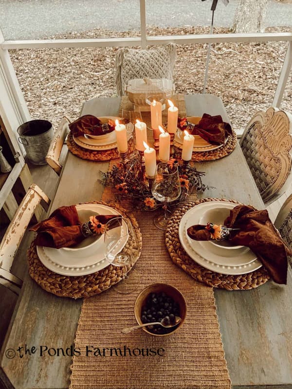 Rustic late summer/rearly fall tablescape with candle centerpiece