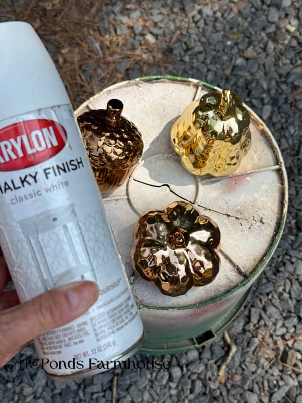 Spray paint Dollar Tree Metallic pumpkins with chalky white paint