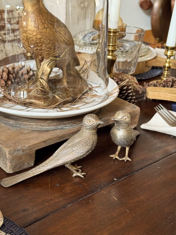 vintage brass bird salt and pepper shakers for fall table centerpiece