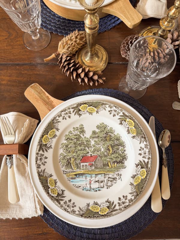 vintage brown and yellow fall dinner plate for fall tablescape