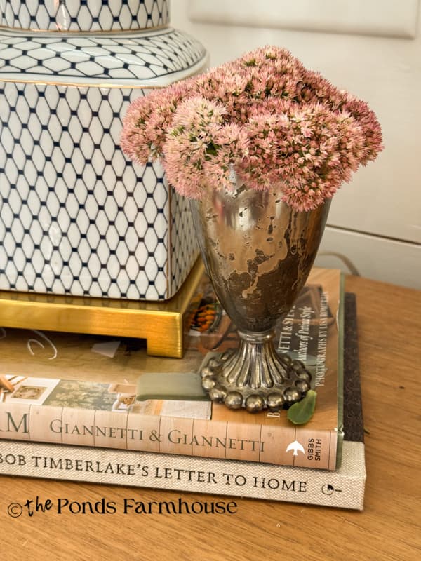 Vintage Glass with faux mercury glass finish vase with sedum autumn joy ste4ms