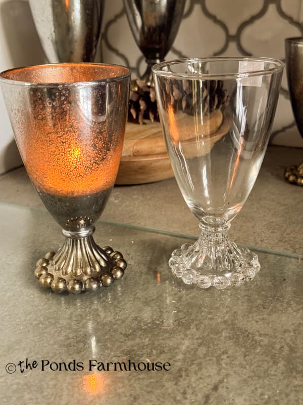 vintage glasses before and after with faux mercury glass finish