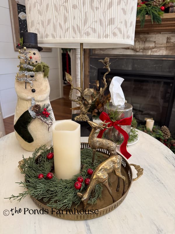 DIY Mercury glass lampshade tissue holder decorated for Christmas on side table