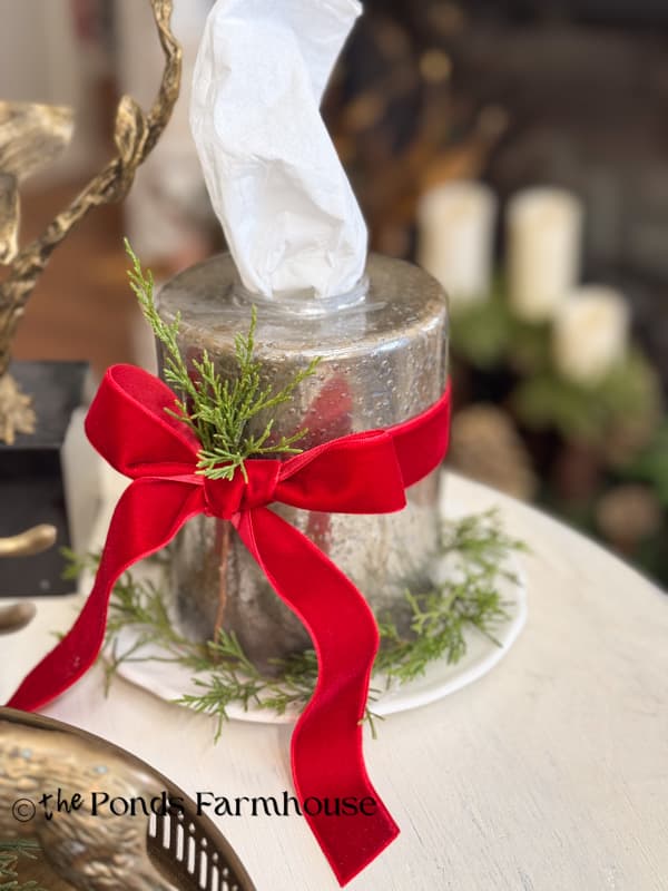 DIY Mercury glass Lampshade tissue holder decorated for Christmas