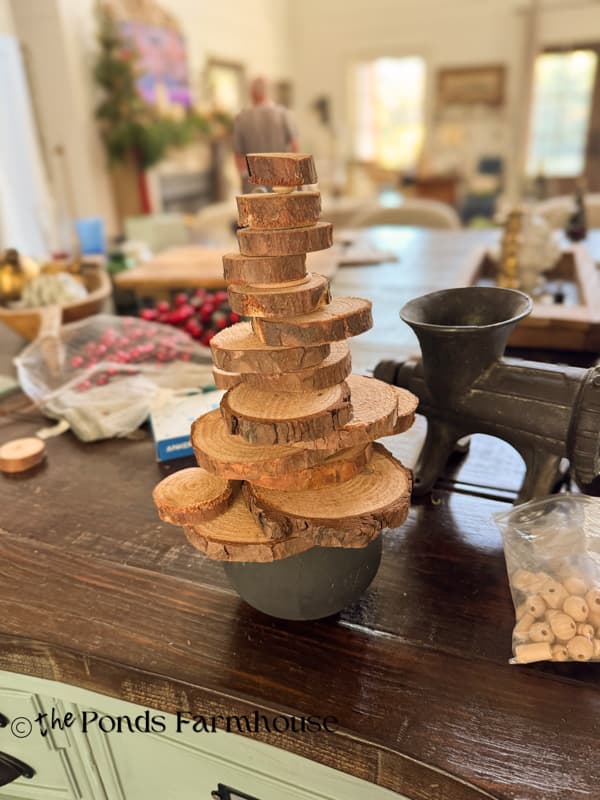 DIY Wood Slice Christmas tree during assembly