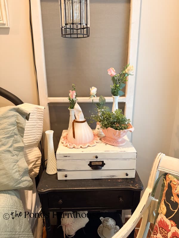 Milk Glass lampshade on DIY Doilie on bed nightstand