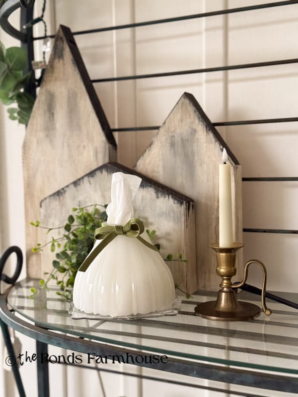 Vintage milk glass lampshade on clear plate as upcycled tissue holder